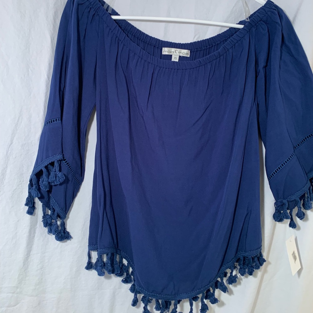 Off The Shoulder Blue Blouse with Pom Poms